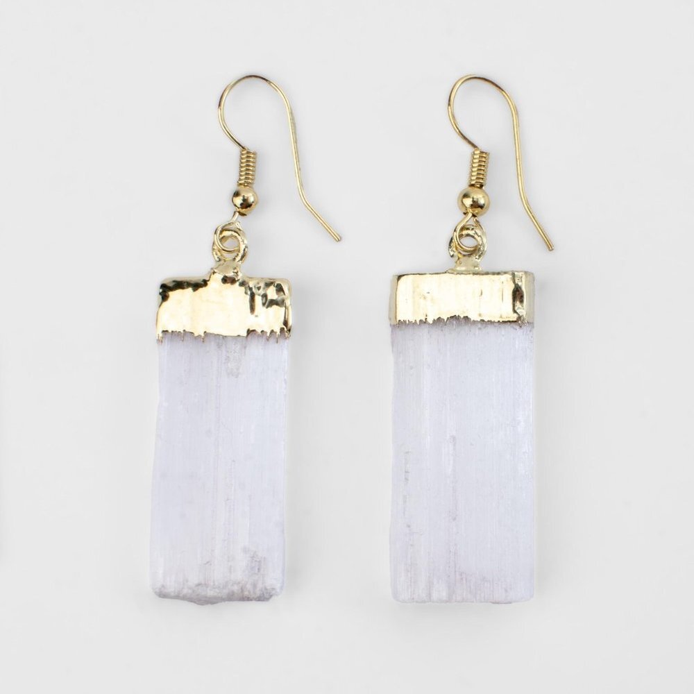Selenite White Earrings Gold Tone Dipped Crystal Women Healing Gemstone Jewelry - Picture 6 of 10